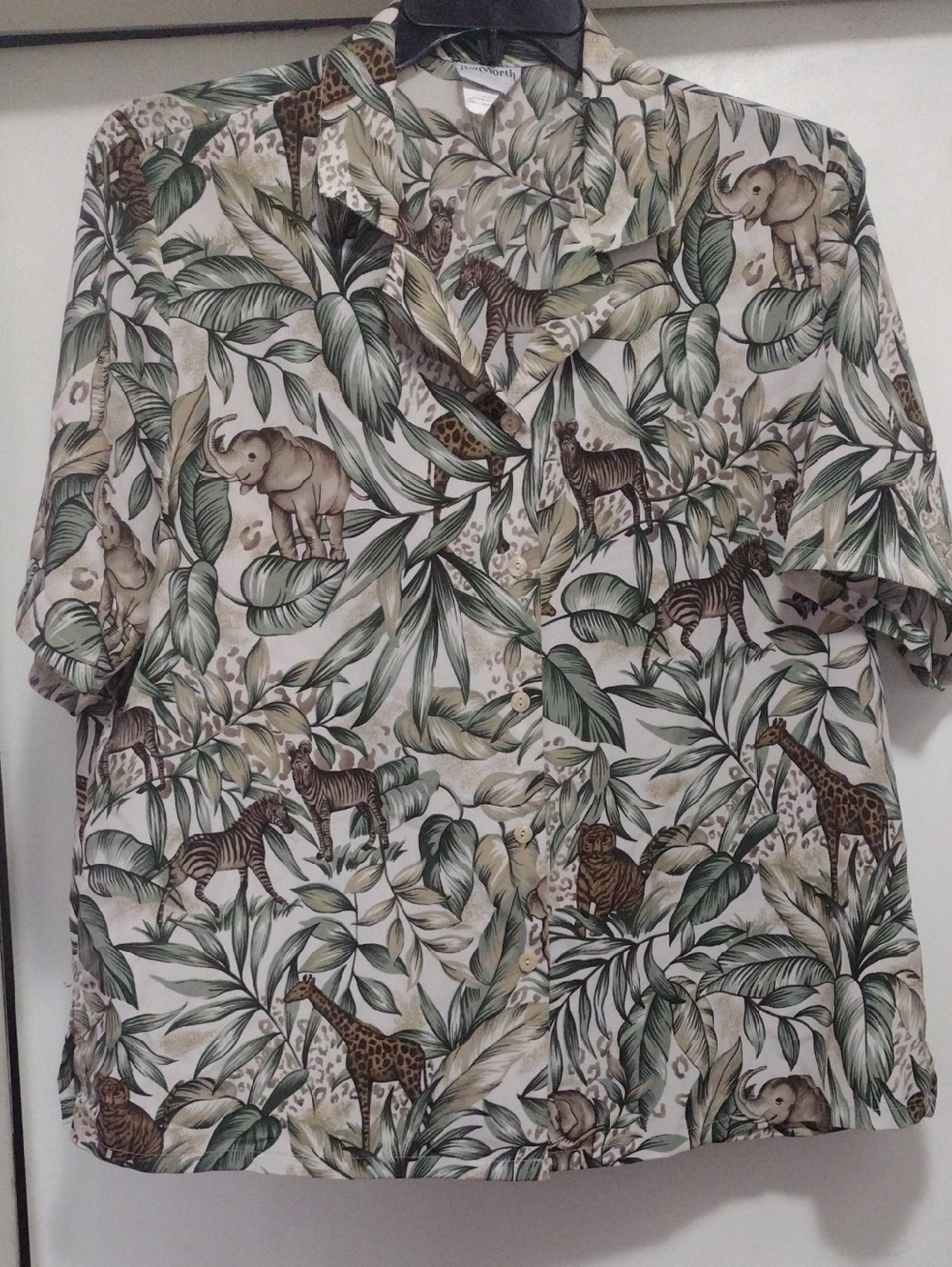 Bon Worth Adrican Leaf Print Safari Animals Button Down Blouse - Green, Beige